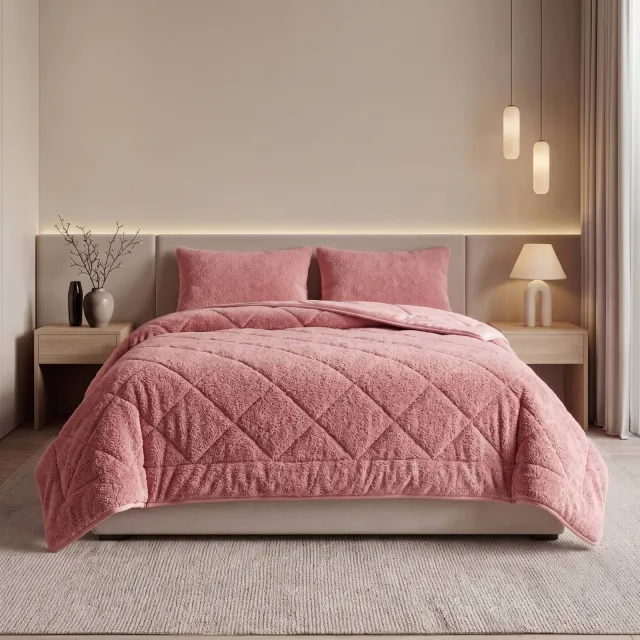 NOUS Living wasbaar dekbed velvet en teddy- Donkerroze roze, foto 2