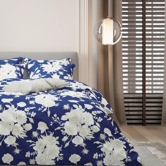 Mistral Home DEKBEDOVERTREK - katoensatijn - 240 x 220 cm + 2x 65 x 65 cm - lits-jumeaux - botanisch - blauw Blauw/Wit
