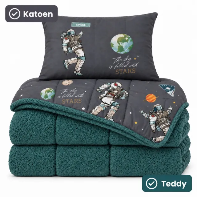 decoware Kinderdekbed Zonder Overtrek Space - Met Kussensloop - Ademend Katoen & Zacht Teddy - Hoesloos & Wasbaar - Ruimtedessin - Blauw - Grijs