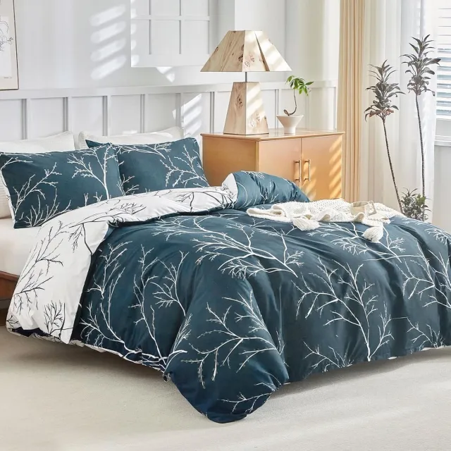 Famanu Dekbedovertrekset 200 x 220 cm 3-delig microvezel takpatroon marineblauw Marineblauw/Wit