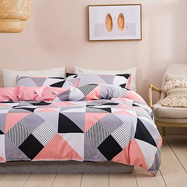 Ibenzoa Geometrisch Beddengoed Set – Driedelige Set , Geïnspireerd op Driehoeken, Zwart, Grijs en Roze, Omkeerbaar