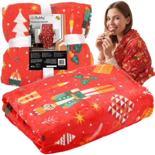 Ruhhy Grote flanellen kerstdeken 150x200 cm – warme plaid in rood met feestelijk patroon Multi