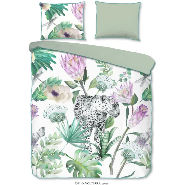 Descanso dekbedovertrek bloemen met een luipaard - 1 persoons 140x200/220 cm - Groen - 100% Katoen satijn Green