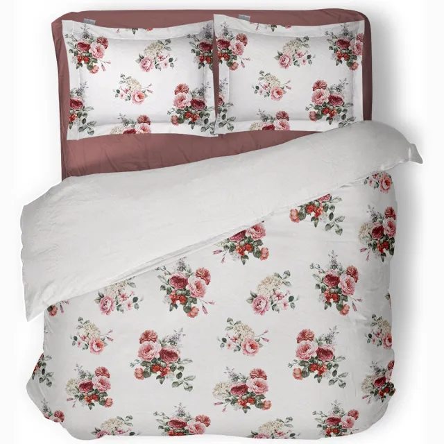 LINNICK Dekbedovertrek Katoen Raspberry - White - Dekbedovertrek 240x200/220cm - 100% Katoen - Lits Jumeaux - Dekbedovertrekken - Bloemen Dekbedovertrek wit