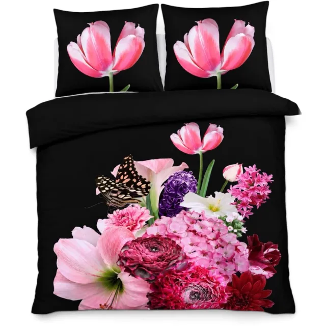 Husch Dekbedovertrek Spring Flower Black - 240x200/220 - Bloemen - Zwart/Multi