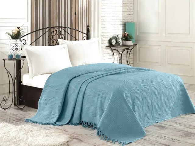 Asir piqué beddenset voor twee personen 220 x 240 cm - Benzine Groen - Handgemaakt Franjedetail Petrol Green