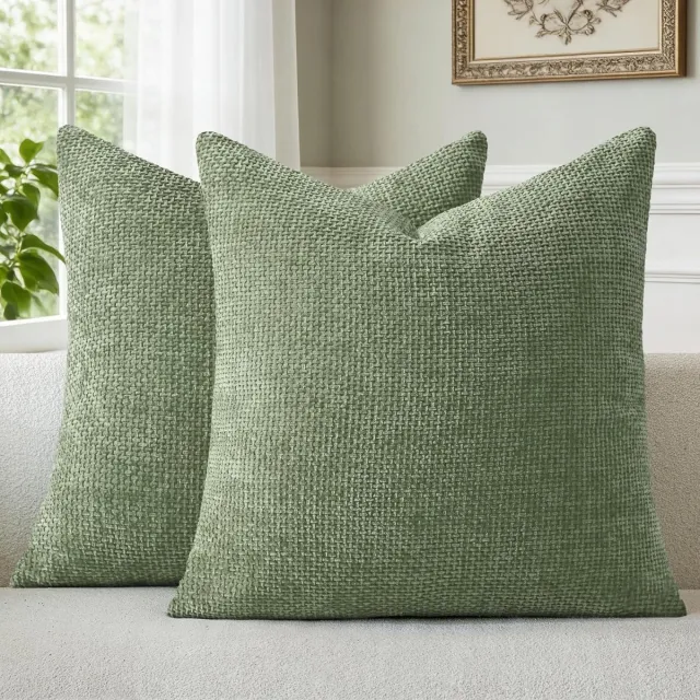 Famanu Set van 2 chenille kussenhoezen 40 x 40 cm, groen, wasbaar en zacht, perfect voor woonkamer en slaapkamer