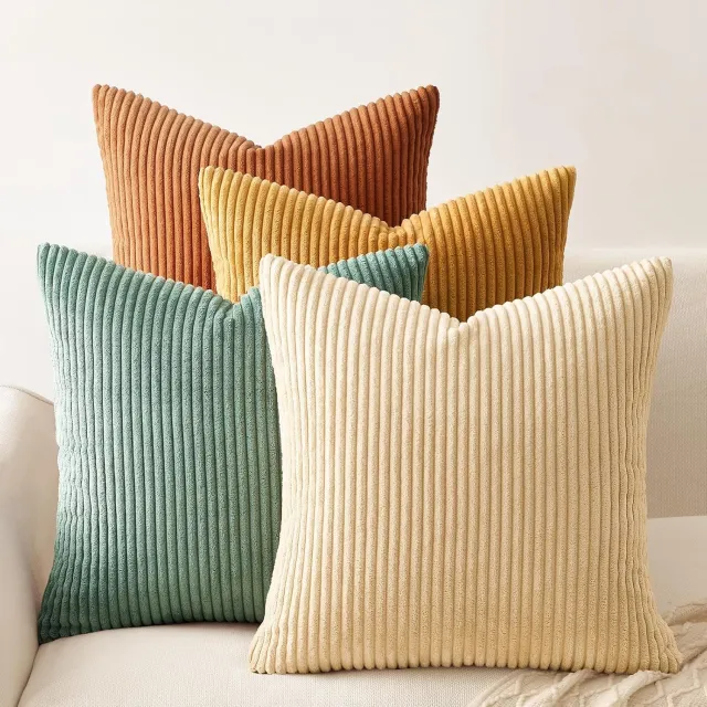 SNQ Sierkussen – 4 Stuks – Sierkussenhoezen – 45x45 cm – Corduroy – Modern Dubbelzijdig Ontwerp – Oranje en Blauwgroen – Voor Boho en Farmhouse Herfstdecoratie