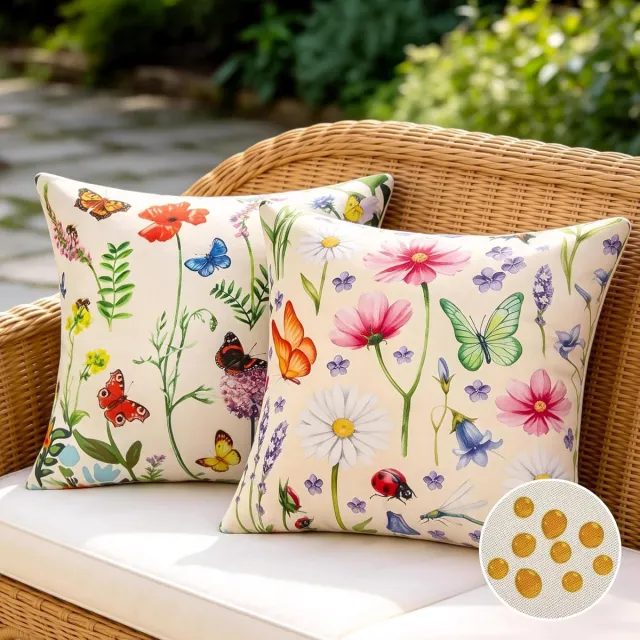 Famanu Set van 2 waterdichte kussenhoezen, 50 x 50 cm, beige bloemen, voor buiten en binnen