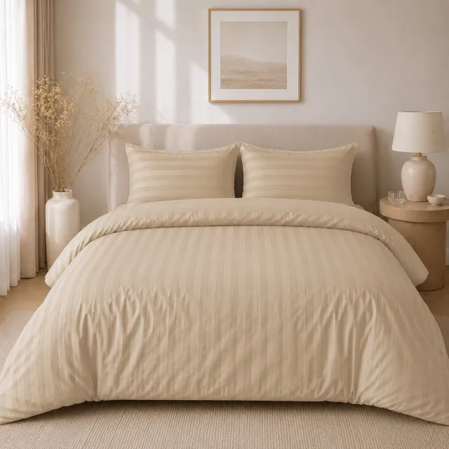 Beau Maison Hotellinnen Dekbedovertrek Crème | 27mm Streep - 140 x 200/220 cm + 1 kussenslopen Creme