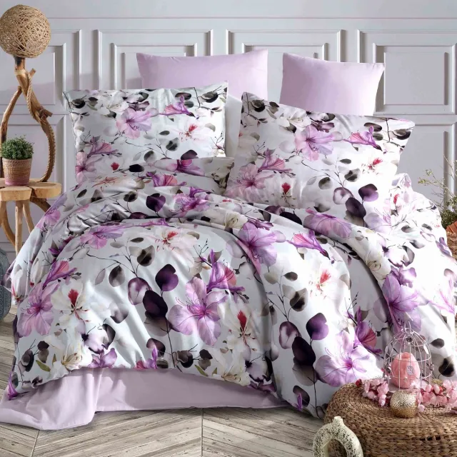 Darymex Luxury Nora Dekbedovertrek 220x200 cm - Wit / Paars - Aquarel Bloemen & Liliatinten - 100% Katoen-Satijn (127 g/m²) - Lits-Jumeaux - Met Ritssluiting - Luxe Cadeaubox - OEKO-TEX® - Met 2 Kussenslopen 70x80 cm Wit | Paars