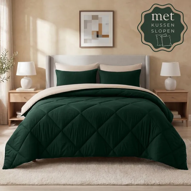 Sleep comfy Reverse Dekbed - 240x220 cm - Donkergroen & Sand - met 2 Kussenslopen 60x70 cm - Dekbed zonder overtrek - Ademend & Anti Allergie - Hoesloos Dekbed - Stijl, Comfort en Innovatie voor Elke Dag & Nacht - Camping & In de Caravan Sand & Donkergroen