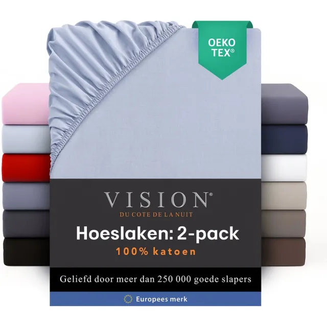VISION home Vision - Hoeslaken - 100% katoen - 90 x 200cm verpakt per 2 stuks - Geschikt voor boxspring matras: ruime hoek van 30cm - Lichtgrijs - Oekotex gecertificeerd