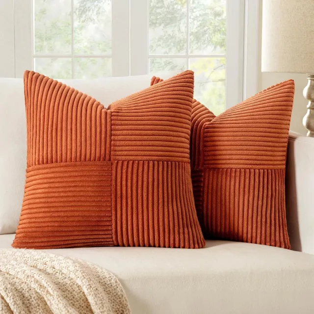 Famanu Corduroy ribfluweel kussenhoezen set van 2 (50x50 cm) – rust rood – modern & zacht – verborgen rits – bankkussenhoezen Karamel