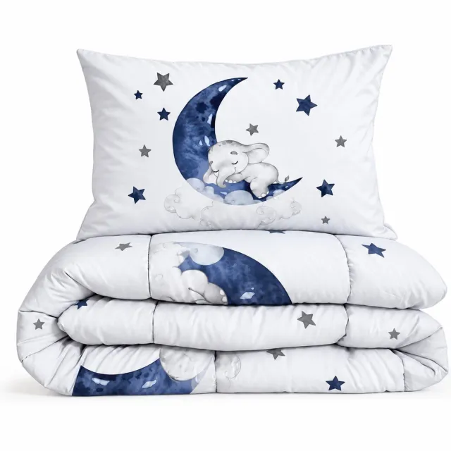 Eleganzzz Kinderdekbed Zonder Overtrek Elephant Moon - Olifant Kinderdekbed - Blue - 140x200 cm - Microvezel - Inclusief Kussensloop