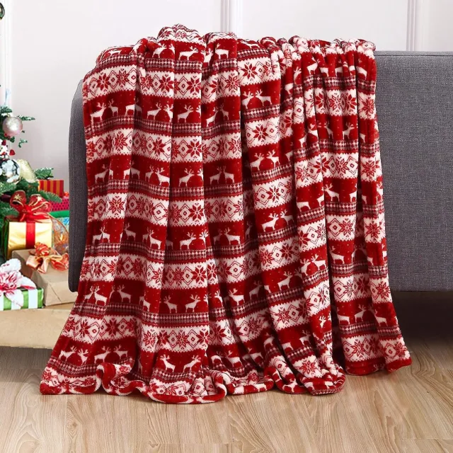 Huttutu Deken - Zachte Fleece Plaid met Kerst Rendierpatroon - Festieve Woondecoratie - Warm en Knus - Geschikt voor Winterbed Bank en Cadeau - Formaat 130x150 cm - Dubbel Rendierontwerp Rood