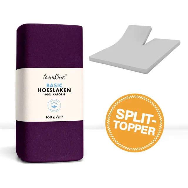 Loom One Hoeslaken Splittopper – 100% Jersey Katoen – 180x200 cm – tot 12cm matrasdikte– 160 g/m² – Paars