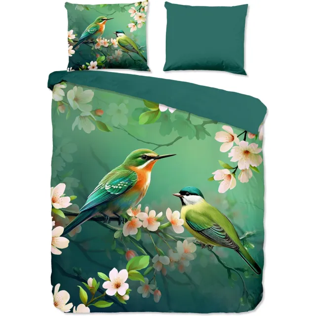 Pure dekbedovertrek bloemen en vogels - Lits jumeaux 240x200/220 cm - Groen - Microvezel Green