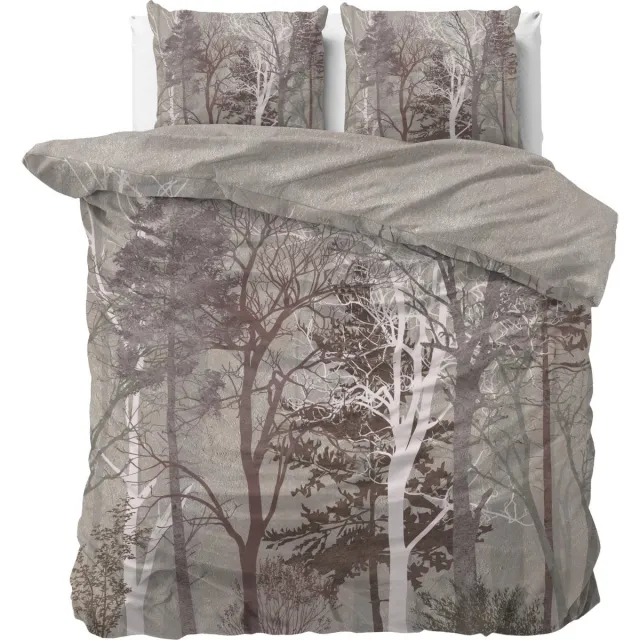 Dreamhouse Bedding 2-persoons dekbedovertrek (dekbed hoes) taupe – bruin met bomen, takken, bladeren, dennenbomen in bos / natuur (contour) KATOEN tweepersoons 200 x 220 cm (LUXE beddengoed van top kwaliteit!)
