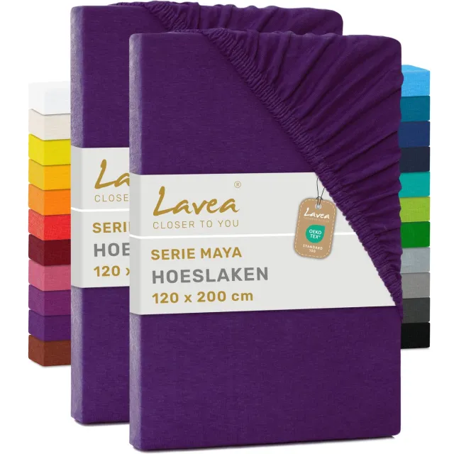 lavea Set van 2 Hoeslakens 120x200 cm – 100% Zacht en Ademend Katoen – voor Dikke Matrassen tot 20 cm – Jersey met Elastiek rondom – Donkerpaars