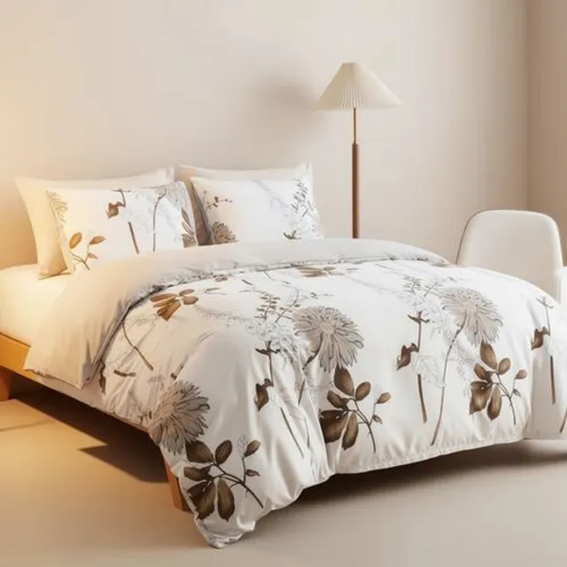 Arvion Beddengoed 200 x 200cm 3-delig - Dekbedovertrek met Ritssluiting en 2 Kussenslopen 80x80cm - Gouden Zonnebloem Bloemenpatroon - Tweepersoonsbed Wit