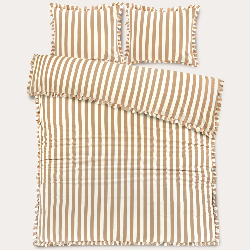 NOUS Living katoenen gestreepte ruffle 2-persoons dekbedovertrek 200x220 cm - beige, foto 2