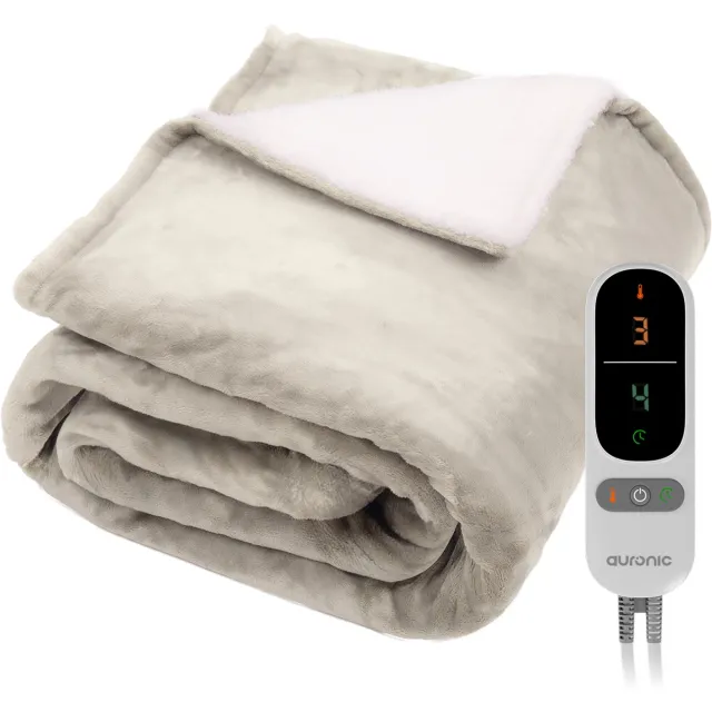 Auronic Elektrische Deken - 200 x 180 cm - 2 Persoons Warmtedeken - 9 Warmte en Timerstanden - Verwarmingsdeken - Sherpa Fleece - Beige