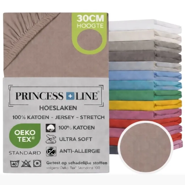 Princess Line Comfortabel Ultra-Soft-Hoeslaken -100% katoen-Jersey -Stretch -Strijkvrij- Rondom elastiek-Hoekhoogte tot 30cm Eenpersoons -80x200 cm-Taupe