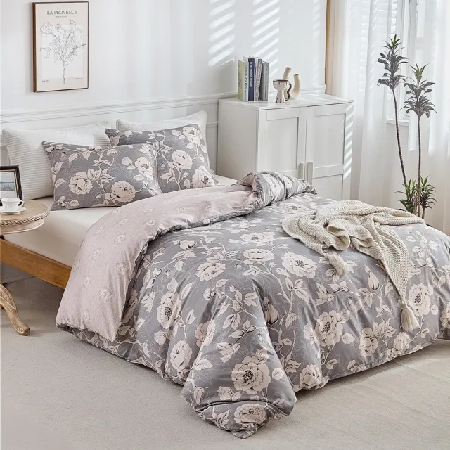 Ibenzoa Beddengoedset met Bloemenpatroon en Kussenslopen Grijs Microvezel Pioenpatroon