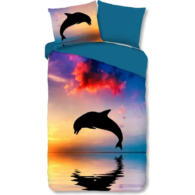 Cheqo Dekbedovertrek voor Kinderen - 140x220 cm - Dolfijn Zonsondergang Print - Multicolor - 1 Persoons - 100% Katoen