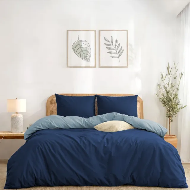 Famanu Omkeerbaar dekbedovertrek 220x240 cm met 2 kussenslopen 50x80 cm, donkerblauw/blauwgrijs, microvezel beddengoedset
