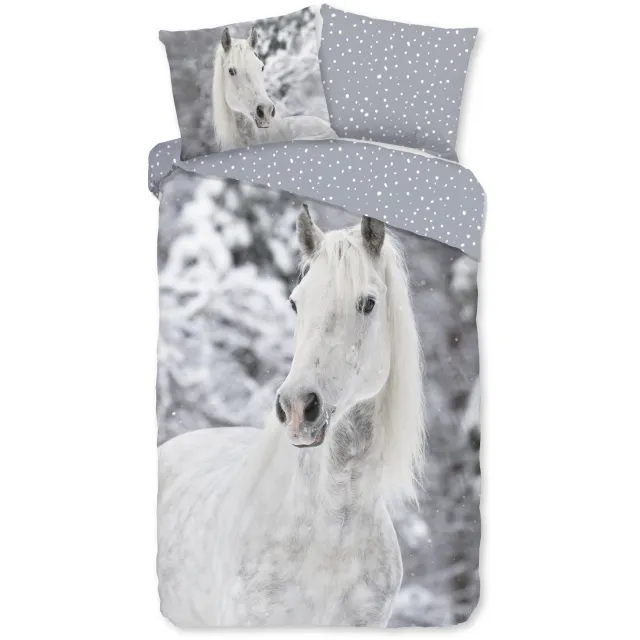 Good Morning dekbedovertrek wit paard in de sneeuw - Grijs - 100% Katoen flanel