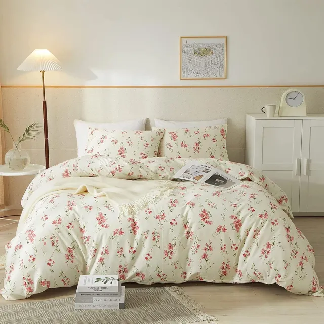 Unyqoos Beddengoed Set 135 x 200 cm met Vintage Bloemen en Bladeren Design, Inclusief Kussensloop Crème Rode Bloemen