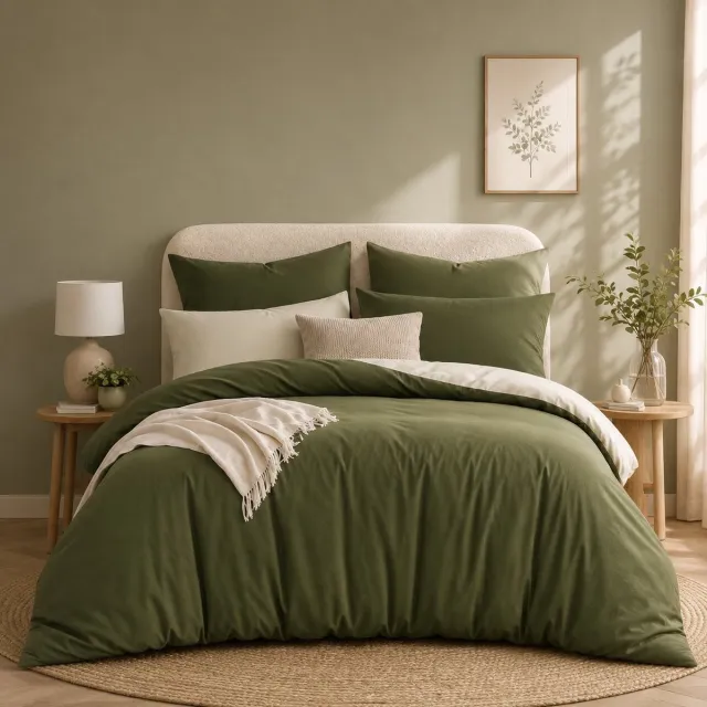 Nazik Living Beddengoedset 4-delig Omkeerbaar Dekbedovertrek Olijfgroen Beige 135x200 cm Microvezel Strijkvrij