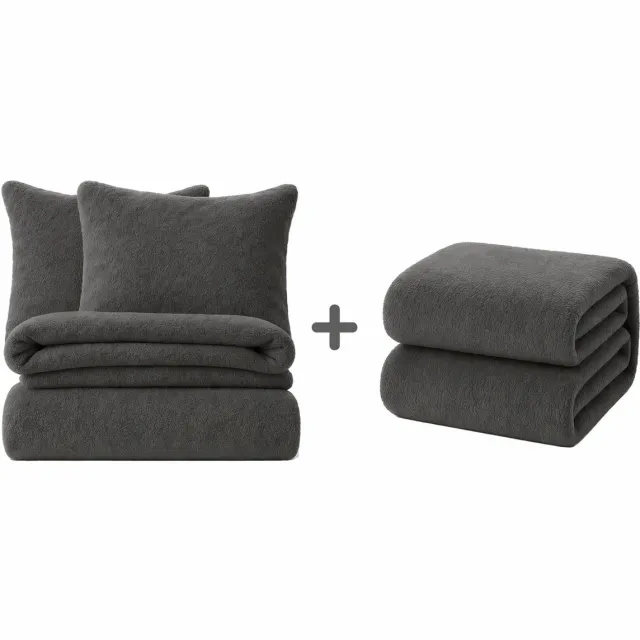 decoware Teddy Fleece Beddengoed Set - Dekbedovertrek + Kussenslopen + Hoeslaken - Antraciet - 240x220 cm + 200x200 cm Antraciet 240x220cm + 200x200cm