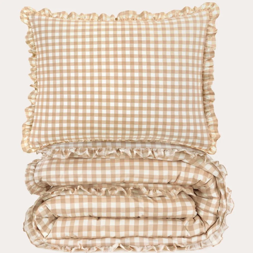 NOUS Living katoenen ruffle dekbedovertrek beige