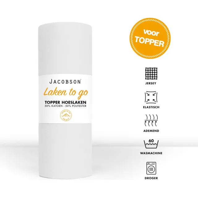 JACOBSON Hoeslaken Topper - 140x200cm - Jersey Katoen - tot 12cm matrasdikte - Wit