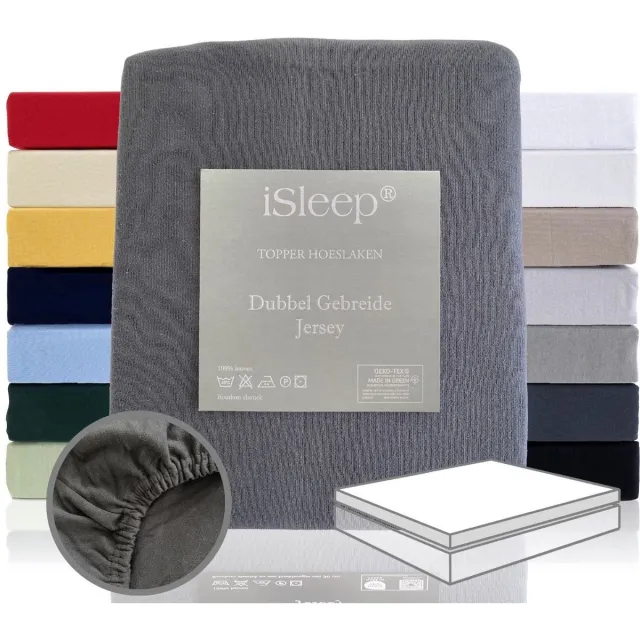 iSleep Dubbel Jersey Topper Hoeslaken - Rondom Elastiek - Tweepersoons - 160x200/210/220 cm - Antraciet