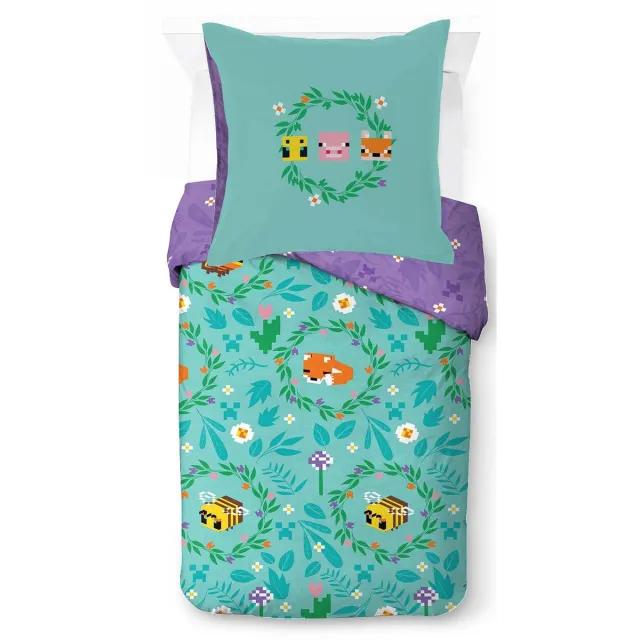 Ibenzoa Minecraft beddengoedset met bloemen en kleurrijke personages voor kinderen turkoois