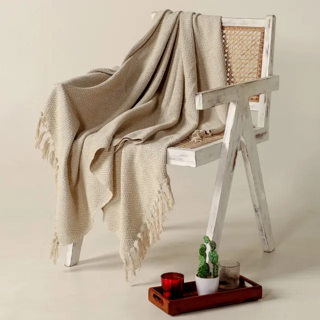 Urbane Hide Luxe desert Geweven Zacht Plaid | SierPlaids | 130x150 cm | met Franjes | 100% Katoen | Zandbeige Part D