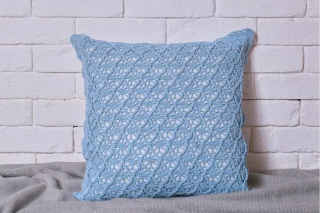 NATALIA- Tekstylia Domowe Blauwe Haakwerk Kussenhoes 40x40cm met Katoenen Voering & Rits