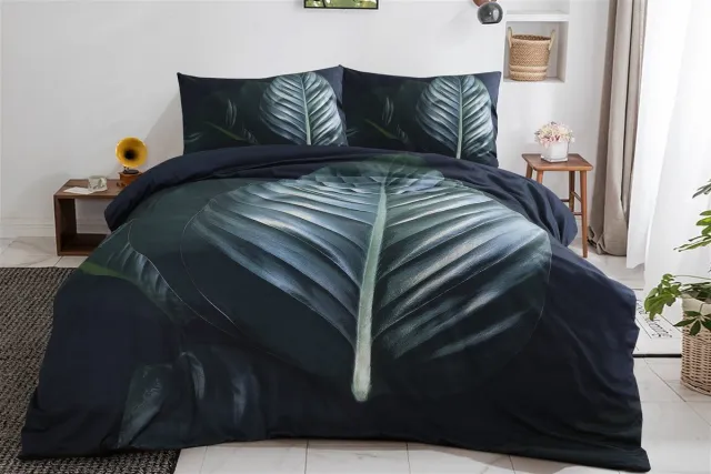 Padiro dekbedovertrek 260 x 220 cm - extra groot XXL - Katoensatijn - Zwart / Groen - Tropisch bladmotief - Met 2 kussenslopen 50 x 70 cm - 3-delig voor 2 personen