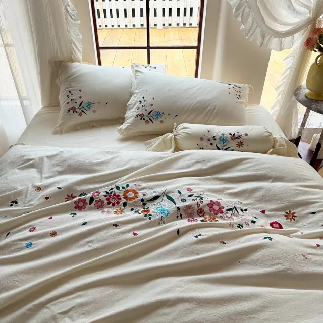 Jaquet Bedding 6-Delige Dekbedovertrekset 240x220 cm – Katoen-Linnen – Geborduurde Bloemen – Wit – Lits-jumeaux Wit Cream