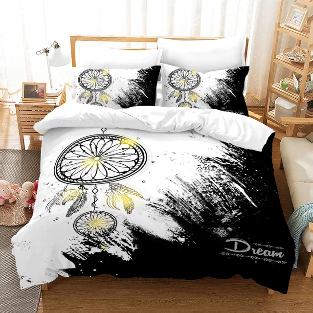 Ibenzoa Zachte en comfortabele microvezel beddengoedset met bloemen en dromenvanger ontwerp Zwart en Wit