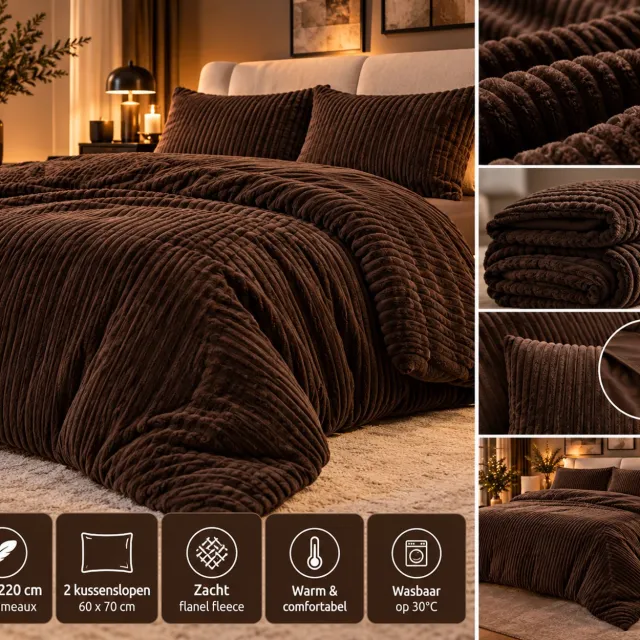 BeGoods Dekbedovertrek – Luxe Teddy Fleece Rib – Donkerbruin – Heerlijk Zacht & Warm – Inclusief 2 Kussenslopen – Flanel Dekbedovertrek Donker Bruin