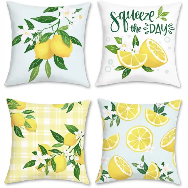 Ibenzoa Set van 4 decoratieve kussenslopen met citroenmotief, dubbelzijdig fluweel, 45x45 cm voor diverse ruimtes geel