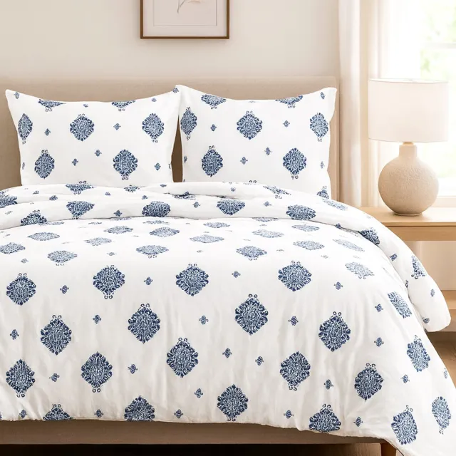 Darymex JERSEYLOVE - Dekbedovertrek set - 100% Katoen-Jersey - Met Ritssluiting - 220x200 cm - Blauw Ornament wit, blauw