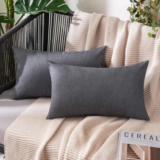 Famanu Set van 2 waterdichte kussenhoezen van polyester, linnenlook, 40 x 60 cm, donkergrijs, perfect voor binnen en buiten