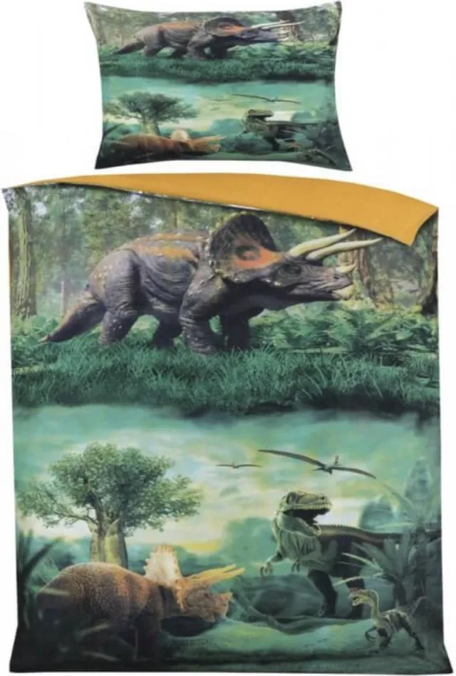 Cotton Club Dekbedovertrek -Dinosaurussen Multi Kleur - Eenpersoons-140 x 220-cm + 1 kussensloop 60x70cm Groen