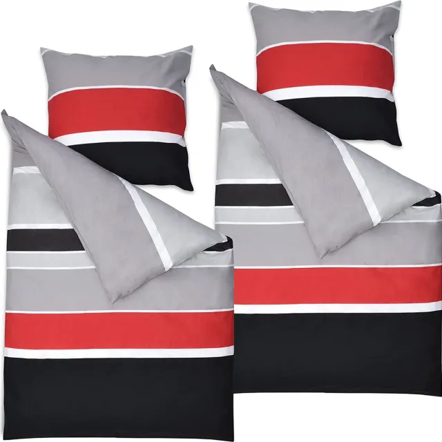 Beautissu Delia 4-delig Dekbedovertrek 155x220 cm Katoen Beddengoed met 2X Dekbedovertrekken & 2X Kussensloop 80x80 cm Gestreept Beddengoed Tweepersoons Grijs Rood